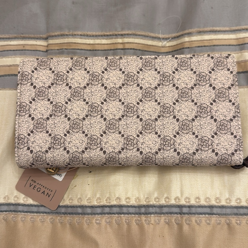 Fashion Dazzle Beige floral Wallet/ Clutch with straps /wristlet strap expresso